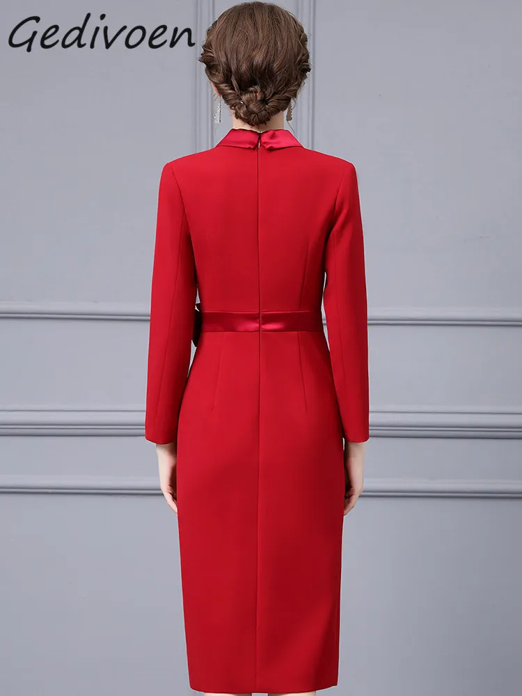 Gedivoen-Vestido feminino vermelho vintage, apliques de lapela, pacote de cintura alta, fenda nas nádegas, vestido longo fino, estilista, outono