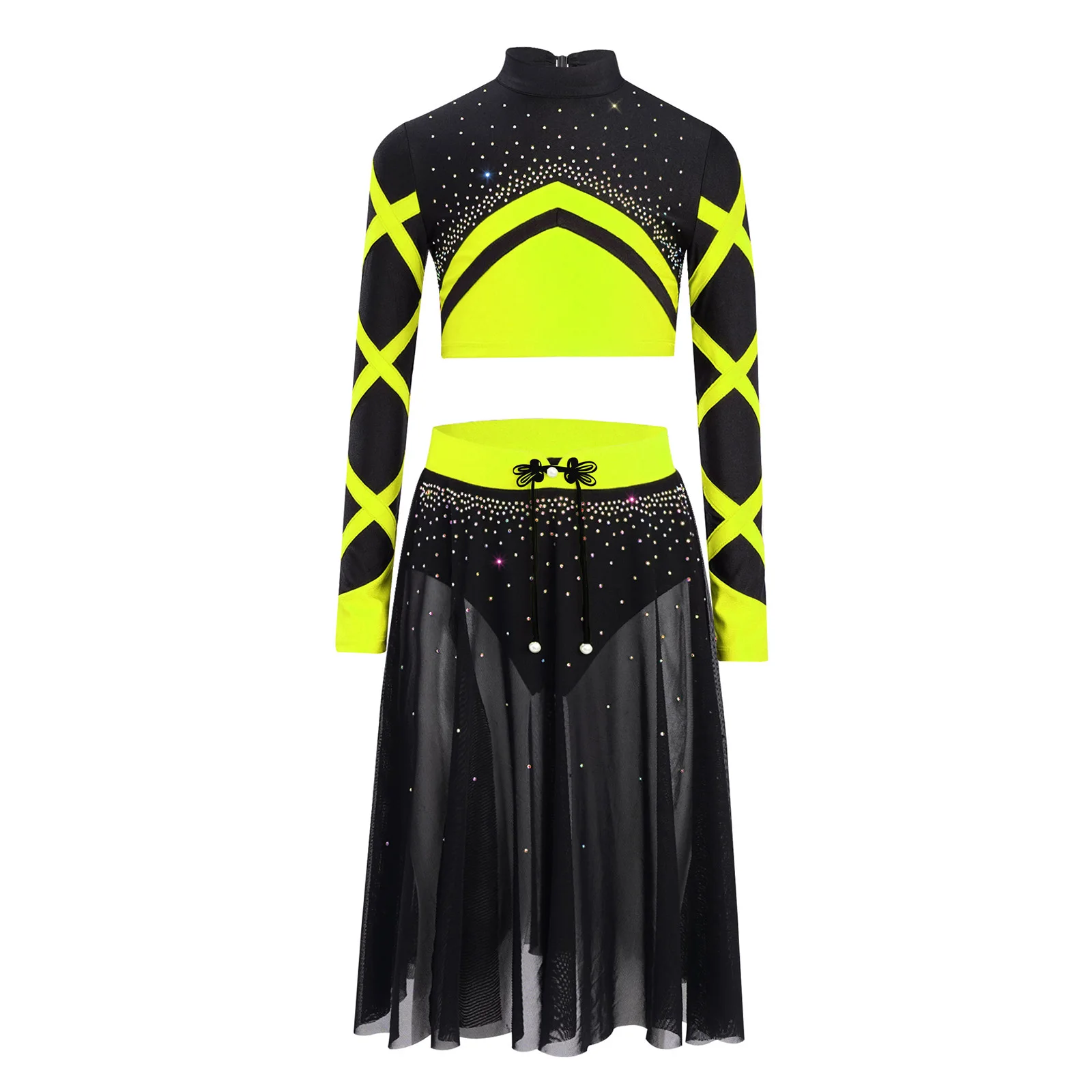 Tenue de danse lyrique moderne pour enfants filles, tenue de gymnastique, patinage artistique, strass brillants, haut court avec jupe en maille fendue sur le côté, vêtements de danse