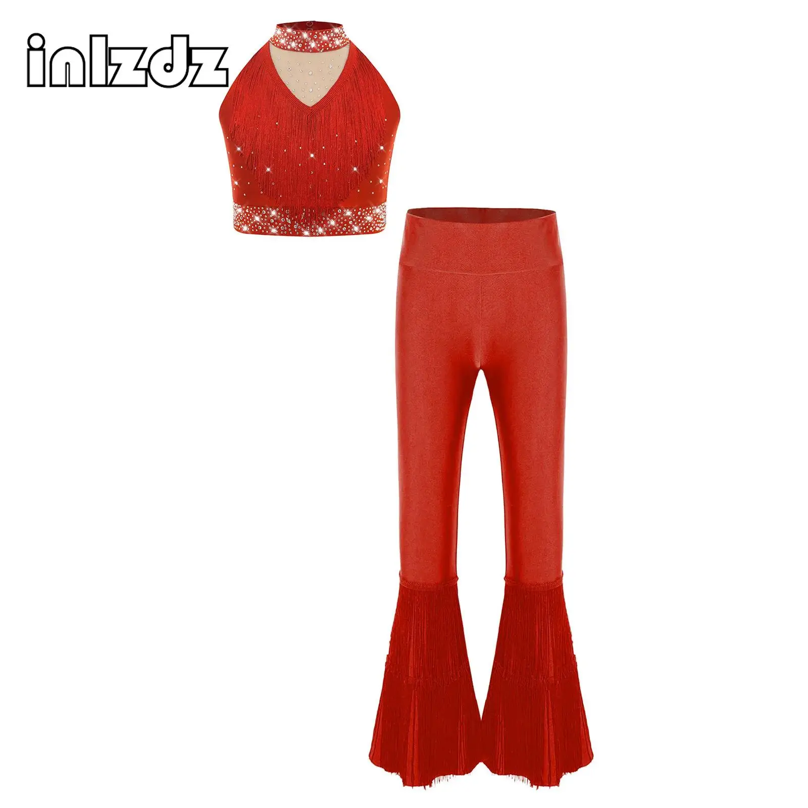 

Kids Girls Latin Dance Outfit Mock Neck Fringe Sparkly Rhinestones Vest with Tassel Bell-Bottom Pants Stag Performance Costume