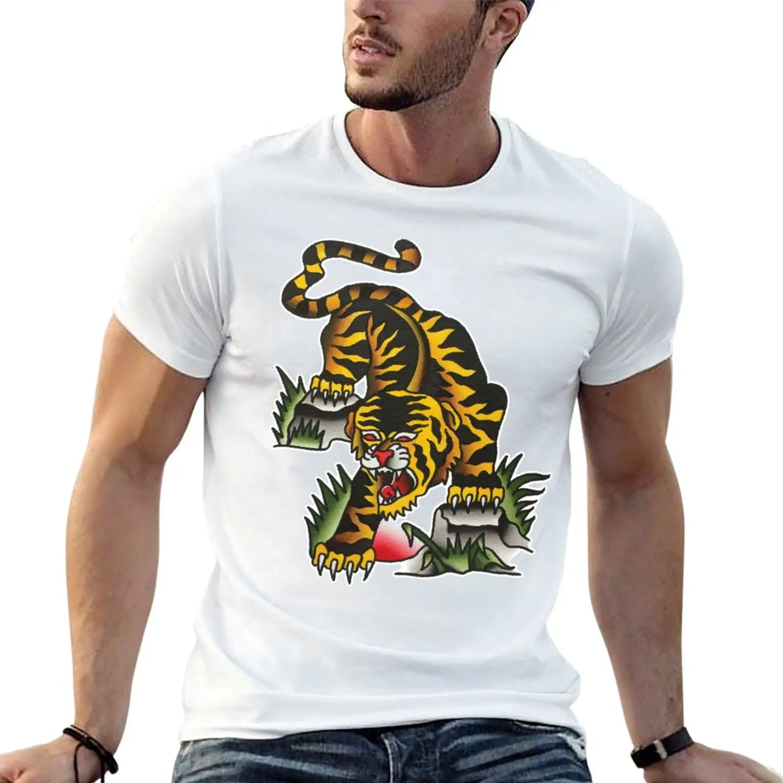 Traditional Crawling Tiger Tattoo Design T-Shirt Graphic Print Short Sleeve T-Shirt