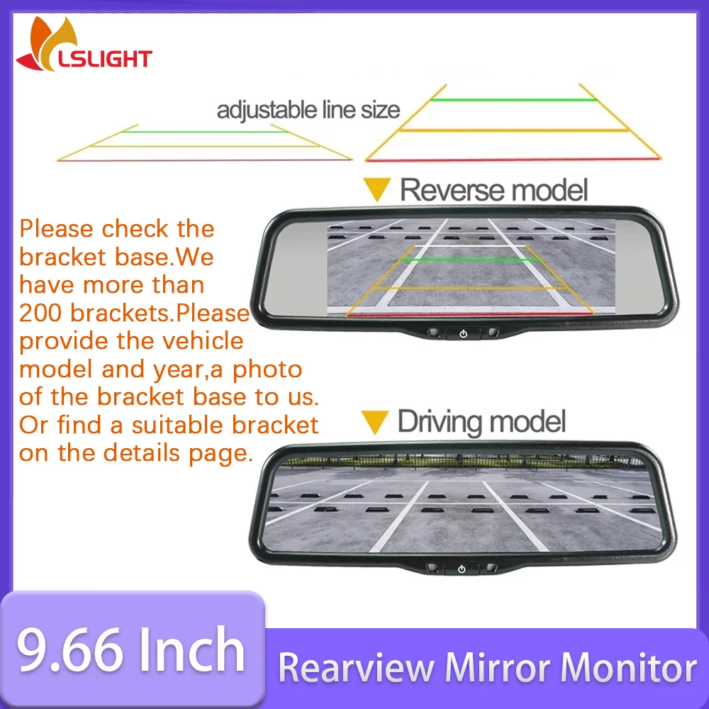 9.66 Inch Car Rearview Mirror Monitor AHD 1080P HD Full Display Screen Adjustable Screen Brightness Car Electronics Accessories