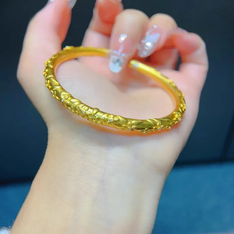 9999 24K real gold store same style women's gold bracelet with diamond inlay on the opening exquisite gift luxurious jewelry