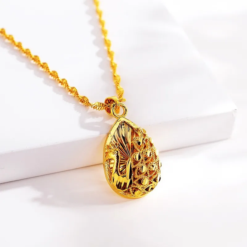 AU999 Gold Necklace Womens Small Peacock Hollow Drop Pendant 24K Pure Gold Clavicle Chain Heart-shaped Jewelry Gift