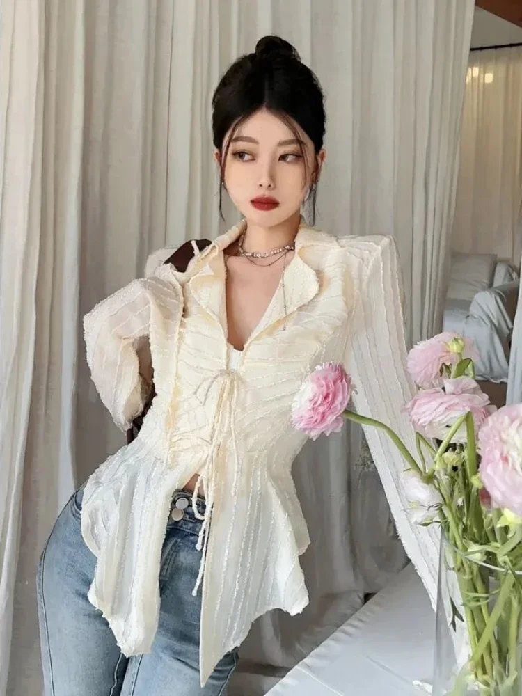 Shirts Women Korean Slim Holiday Elegant Summer Hotsweet Lace-up Pure Irregular Design Blusas Fashion Sweet Style High Street