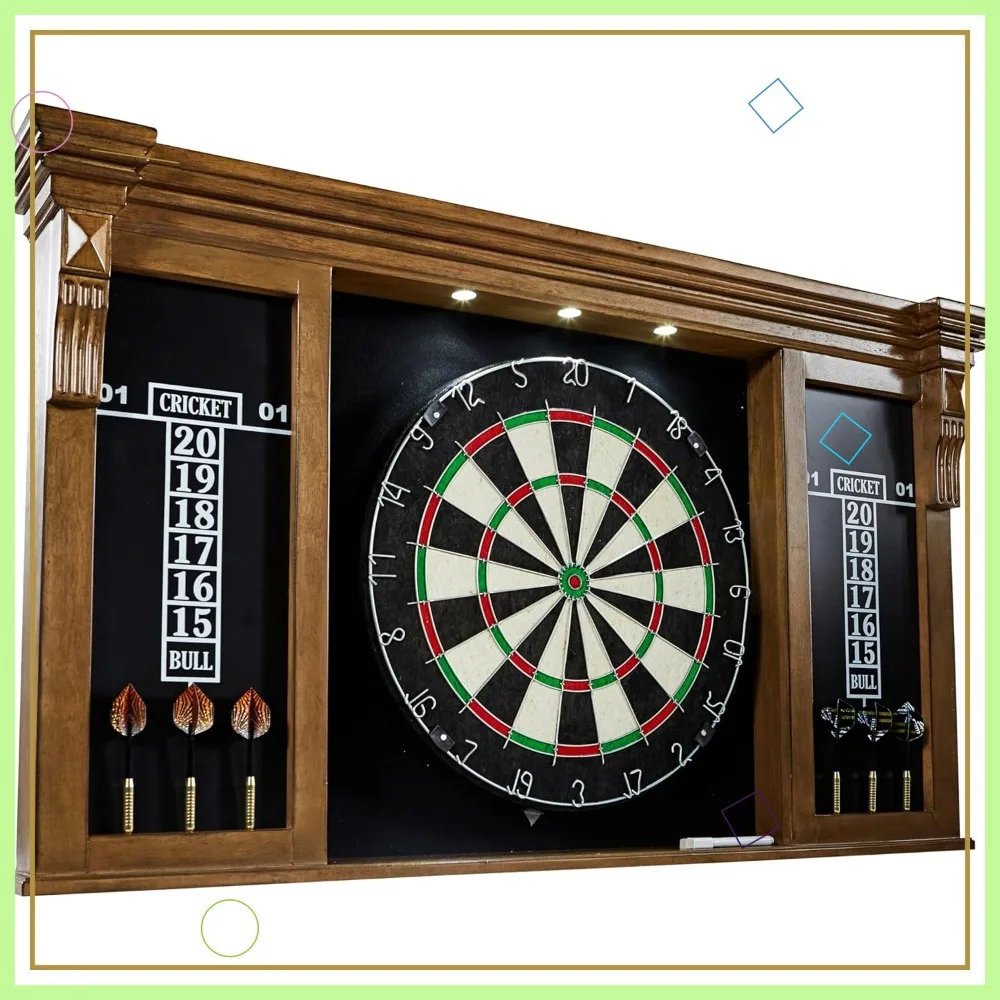 

Pre-Assembled Wood Dartboard Cabinet with 18" Bristle Dartboard & Steel Tip Darts, LED Lights, Wall Mount