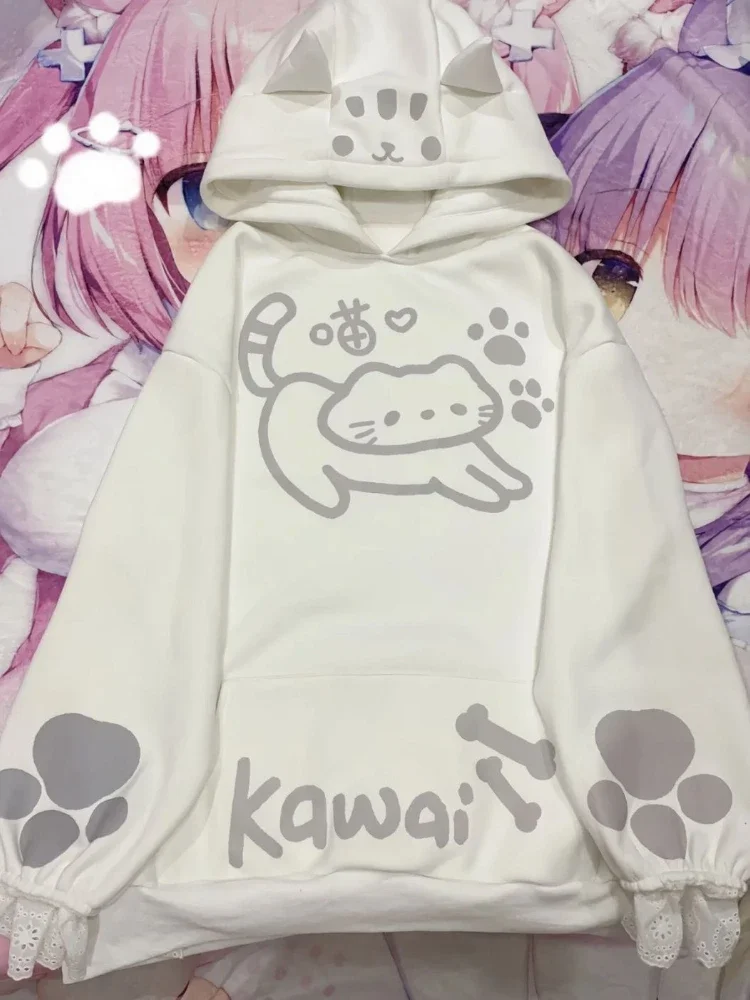 Kawaii الكرتون طباعة هوديي المرأة عادية فضفاض جيب هودي Y2k الجمالية البلوز المتضخم الشارع الشهير اليابانية الخريف جديد