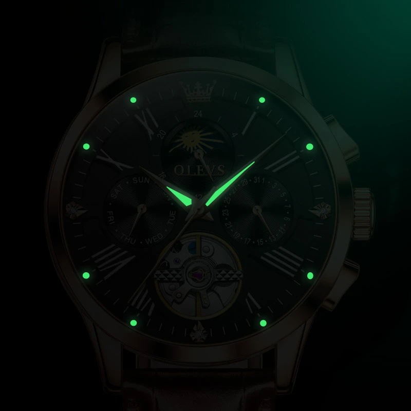 ساعة أعمال ميكانيكية OLEVS ، سوار ساعة من الجلد الأصلي ، مرحلة القمر ذات الطلب المستدير ، شاشة عرض الأسبوع ، تقويم ، ثانية صغيرة مضيئة ،