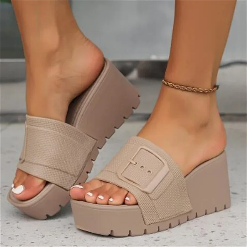 

Womens Slippers Fashion Open Toe Thick Sole Wedge Womens Shoes Summer New 2024Casual Solid Color Leather Beach Sandals for Women