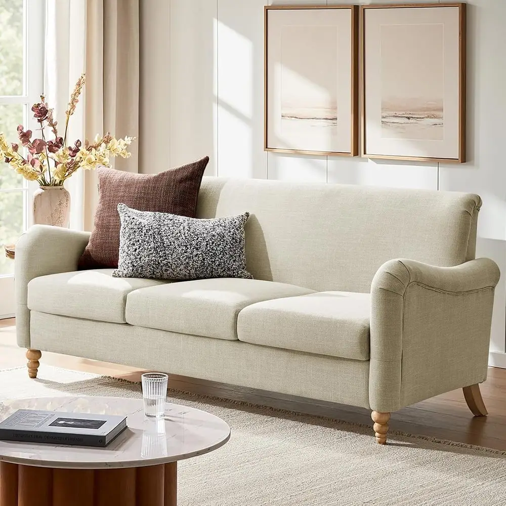 

Curved 3-Seater Sofa with Solid Wood Spindle Legs, Rolled Armrests, Linen Upholstery for Living Room or Bedroom