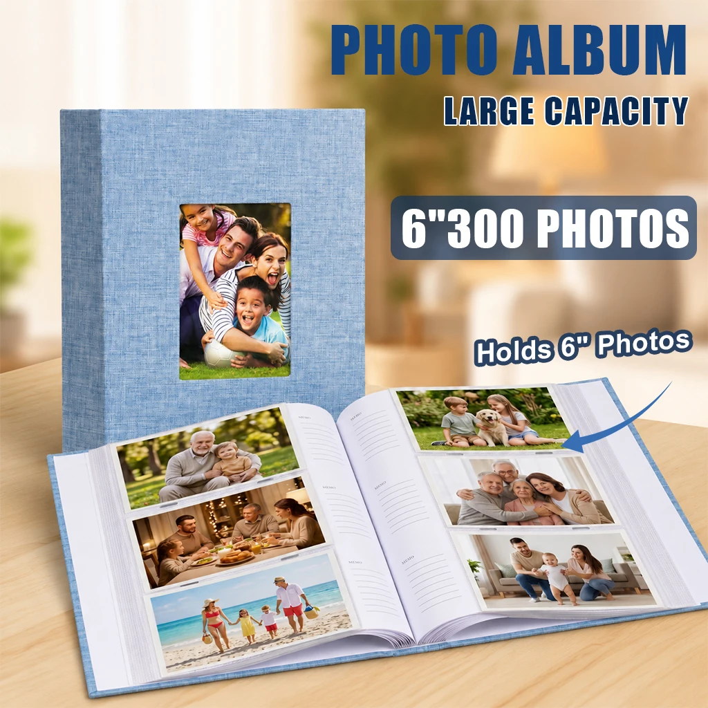 Linen Fabric Photo Album 6 Inch 300 Pockets Large Capacity with Front Display Window & Writing Space,  Wedding Family Vacation