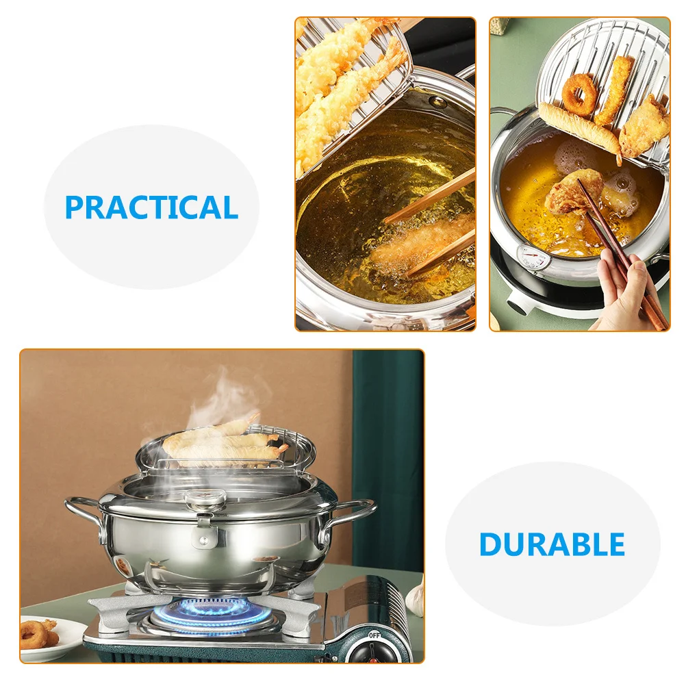 

Мини-фритюрница из нержавеющей стали, сковорода темпуры, фильтр для слива масла, встроенный термометр для дома, кухни, ресторана