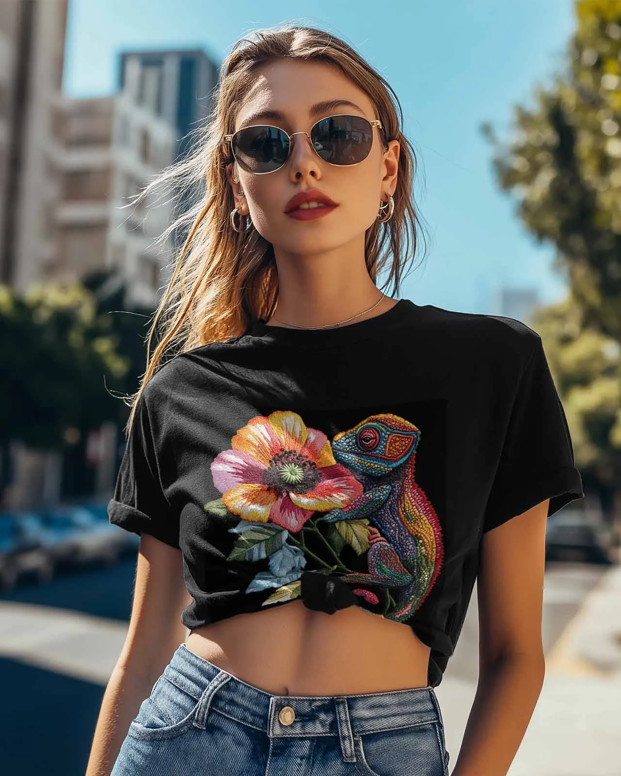 Line Style Poppy Flower Chameleon T-Shirt Lover Gift Sweatshirt Fitness T-shirt Short Sleeve O-neck Clothing Tops