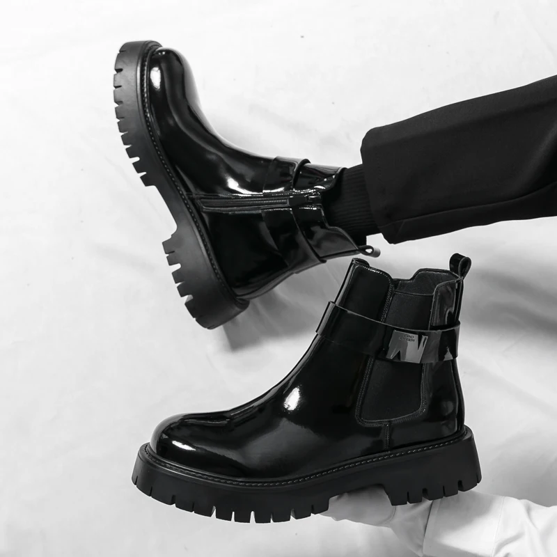 Casual Chelsea Boots Men Mid Calf Dress Shoes Business Formal Patent Leather Slip-On Ankle Boots Fashion High Top Leather Shoes