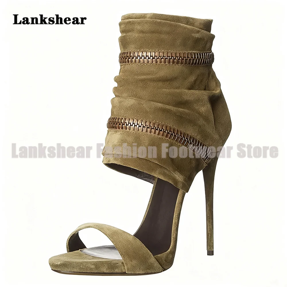 Army Green Suede Stiletto Heels Sandals Zip Ankle Wrap Open Toe Sandals Boots Women Shoes Summer Sandalias De Mujer Verano
