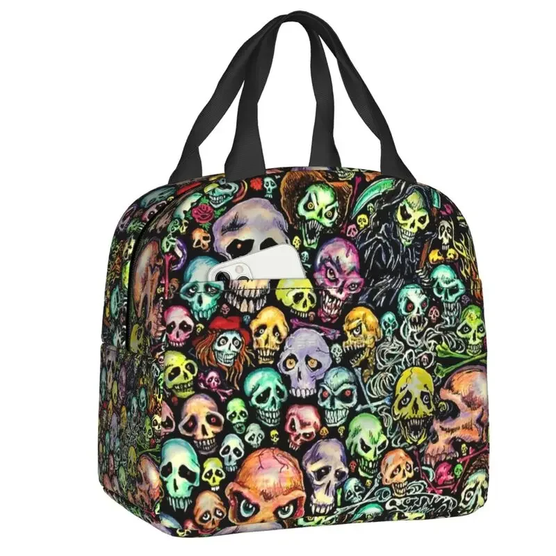 Horror Skeleton Skull Thermal Insulated Lunch Bag Women Halloween Macabre Art Lunch Tote for School Storage Food Bento Box