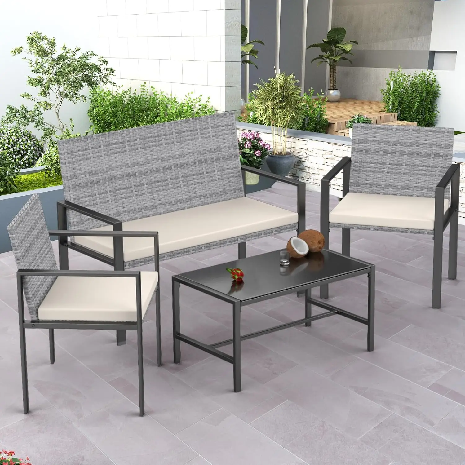 

Patio Furniture Set, 4 Pcs Outdoor Conversation Furniture, includes 2 Rattan Chairs and 1 Loveseat, 1 Tempered Glass Table