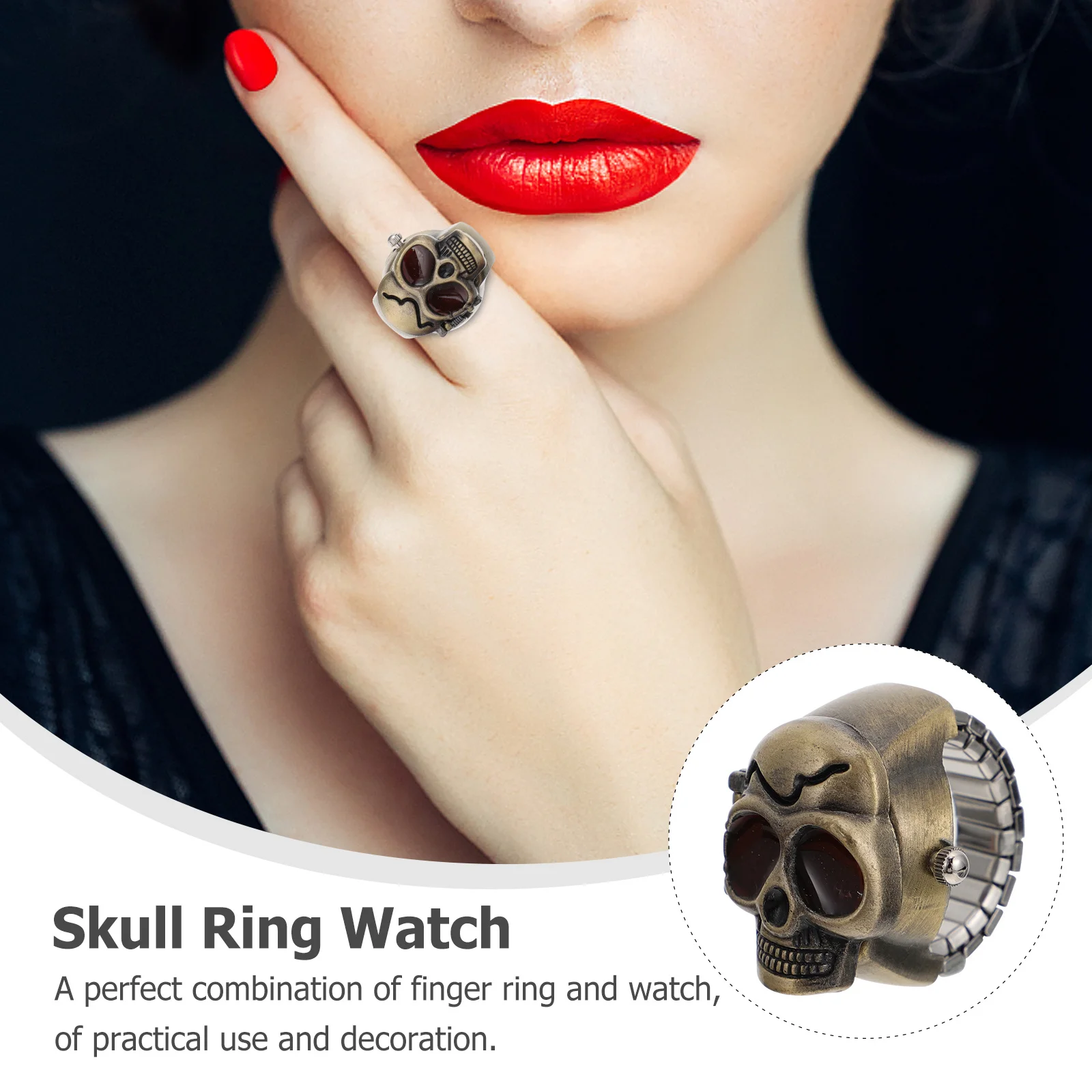 

2Pcs Skull Flip-Open Ring Watches Vintage Finger Watches Adjustable Punk Style Mini Watch Fashion Clamshell Ring Watch