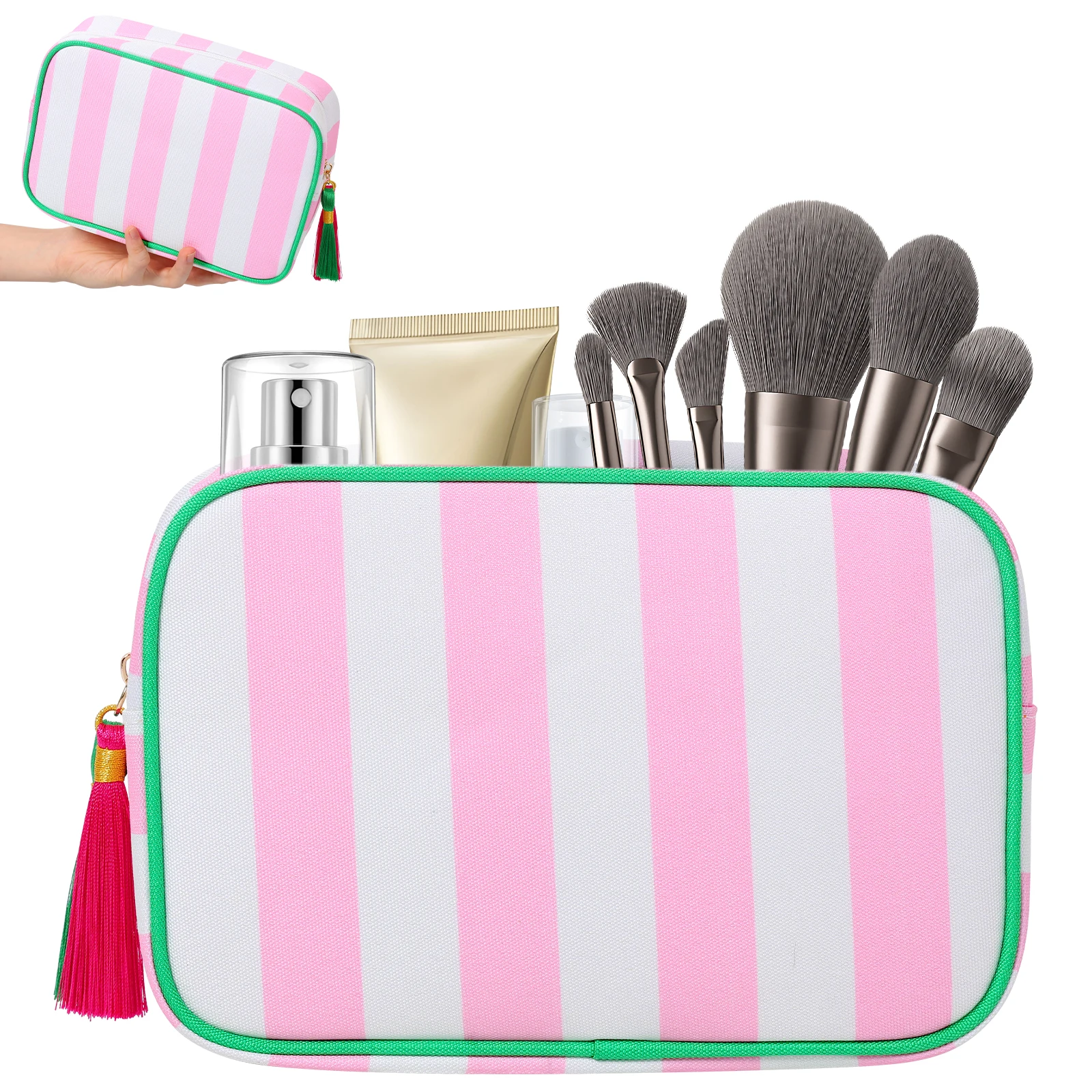 Travel Makeup Bag Portable Tassel Toiletry Bag with Zipper Fashionable Stripe Multi-purpose Storage Bag for Skincare Haircare