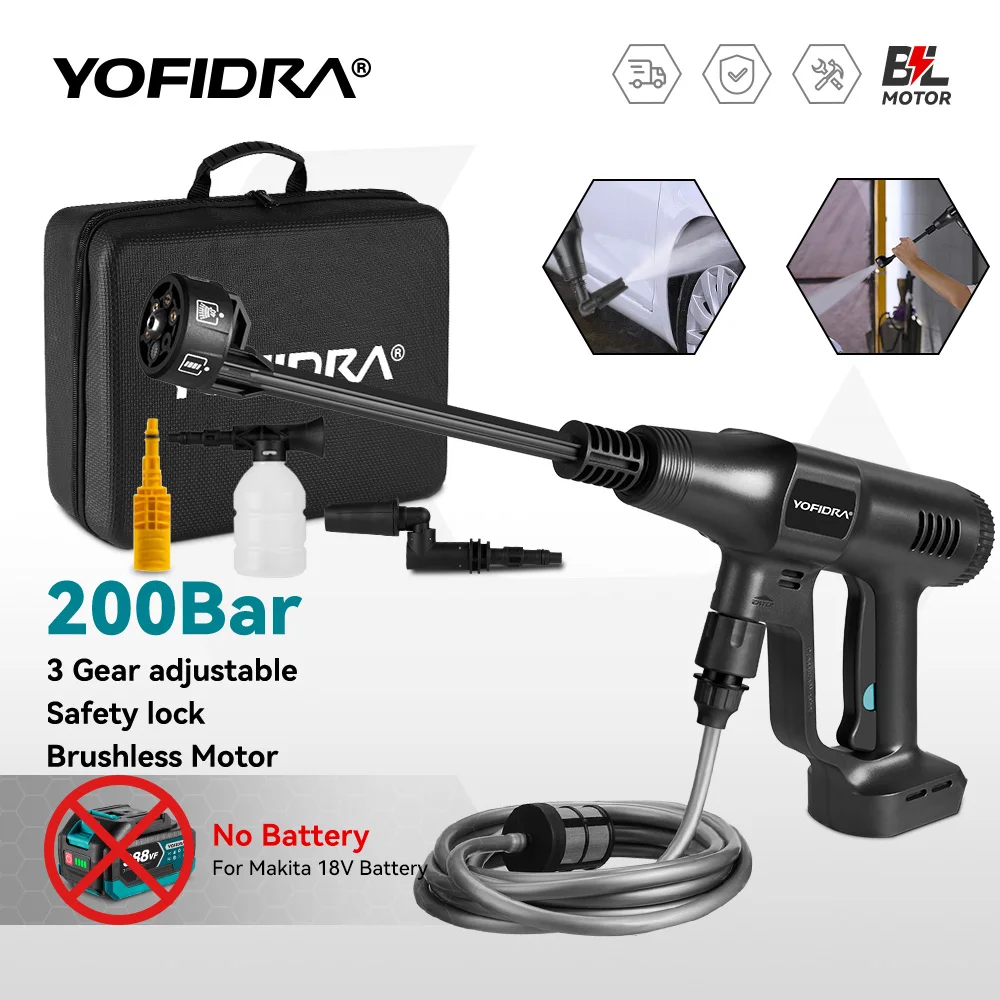 Yofidra 200bar sem escova de alta pressão lavadora carro pistola água 6 em 1 limpeza jardim lavagem pistola para makita bateria pino