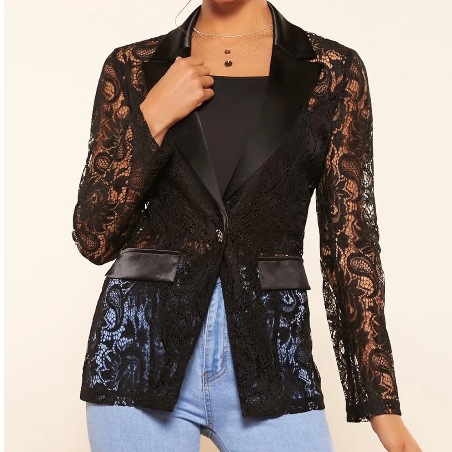 Women's Fashion Blazer Floral Lace Mesh Single Button Lapel Long Sleeve Elegant Jacket Blazer Suit Jacket