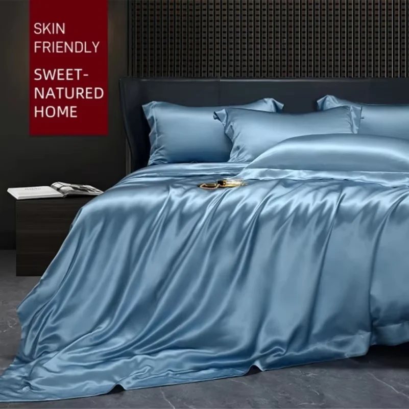 Solid 4pcs Silk Bedding Set with Duvet Cover Fitted/Flat Bed Sheet Pillowcase Bedspreads and Coverlets  Single Double Bedsheet