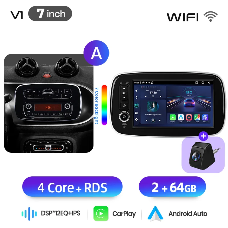 Junsun 8-Zoll Kabelloses CarPlay Android Auto Autoradio für Mercedes Benz Smart Fortwo 453 2014-2020 Multimedia Kabelloses Apple CarPlay Intelligente Systeme IPS Touchscreen Stereo-Videoplayer 2 Din
