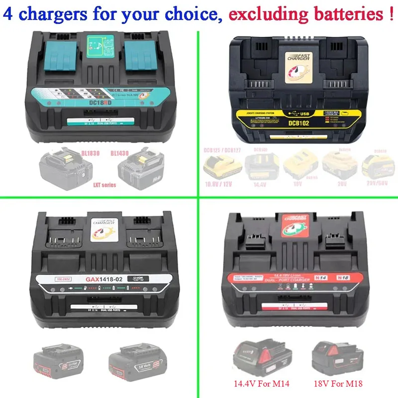 2 Port Li-Ion Battery Charger For Makita For Bosch For Dewalt For Milwaukee 14.4V 18V 20V DC18SF DCB102 BS1418 M18 BL1830 AL1860