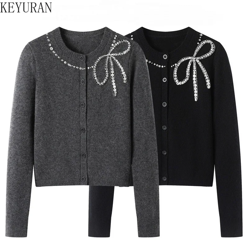 

2025 New Autumn Bow Diamonds Knitted Cardigan Sweater Jacket Women's Elegant Button Round Neck Long Sleeve Knitwear Coats Tops
