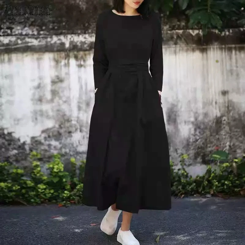 Ramadán musulmán Marruecos nuevo algodón mujer bolsillo manga larga encaje hasta vestido largo otoño e invierno elegante traje de fiesta casual