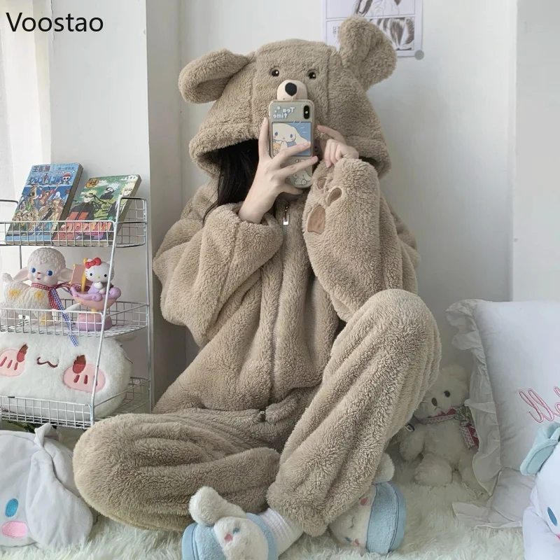 Autumn Winter Sweet Lolita Style Pajama Sets Women Kawaii Bear Ear Hooded Coral Fleece Warm Sleepwear Girls Cute Home Nightwear