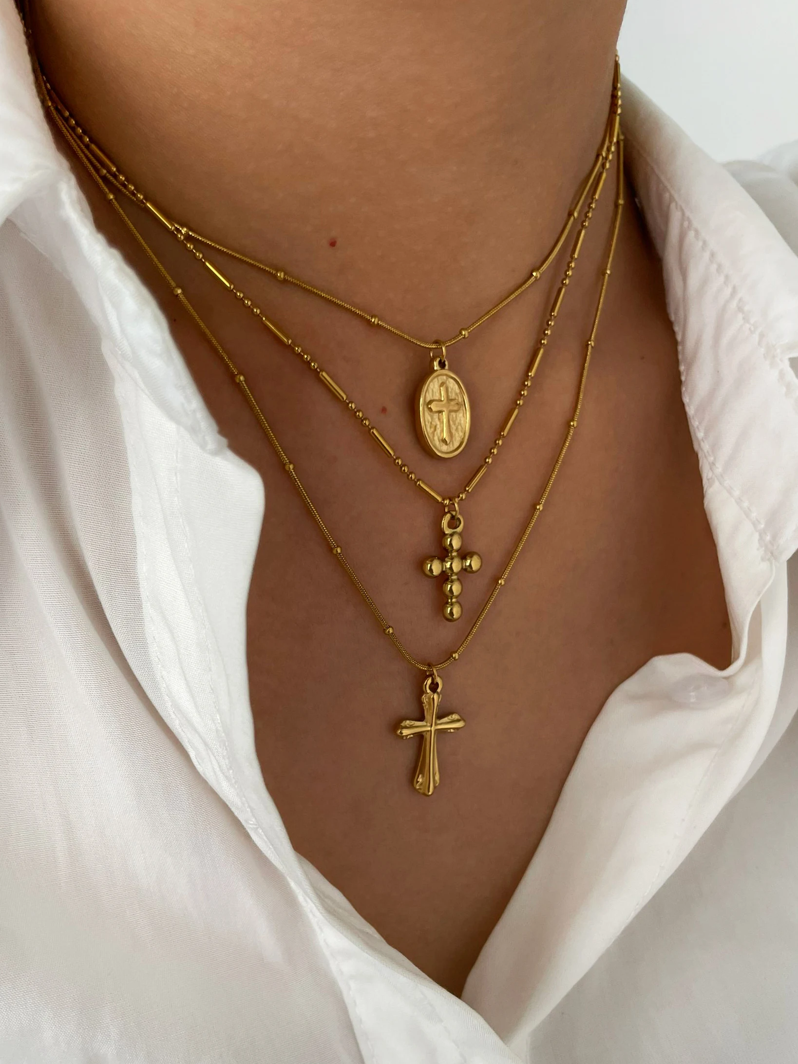 Peri'sbox Stainless Steel Gold Plated Oval Round Bead Metal Texture Cross Pendant Necklace for Women Creative Trendy Accessories