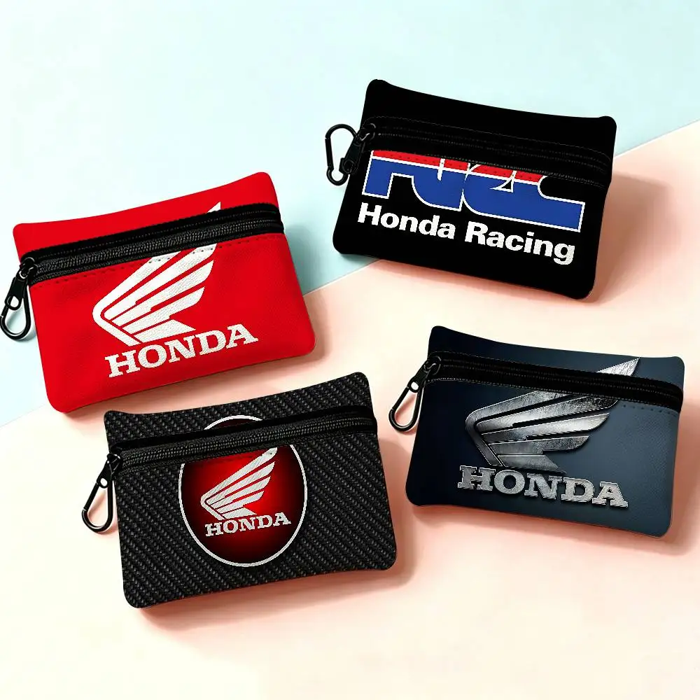 Portamonete in tessuto Oxford con logo moto 3D HRC HONDA, mini portamonete con moschettone, portachiavi portatile, piccola custodia con cerniera