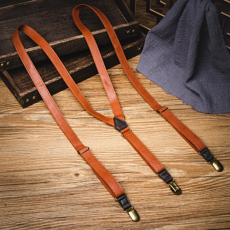 Anti-slip three-clip strong suspenders men's universal pu leather casual trousers suspenders retro fat guy suspenders clip