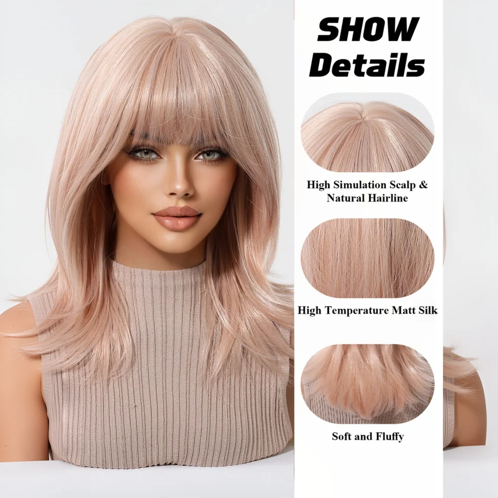 Easihair Light Pink Blonde Medium Length Wavy Wig With Bangs Heat Resistant Synthetic Hair Sweet Lolita Style Wigs for Women