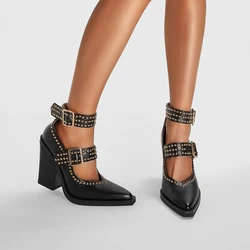 Women's New Spring and Autumn Pointed Metal Rivet Loose Buckle High Heel Large Belt Buckle Mary Jane Single Shoes