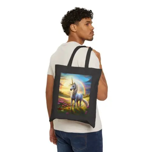 Polarshe Cotton Canvas Tote Bag Unicorn in Meadow in Fantasy Style Design 1, Gift