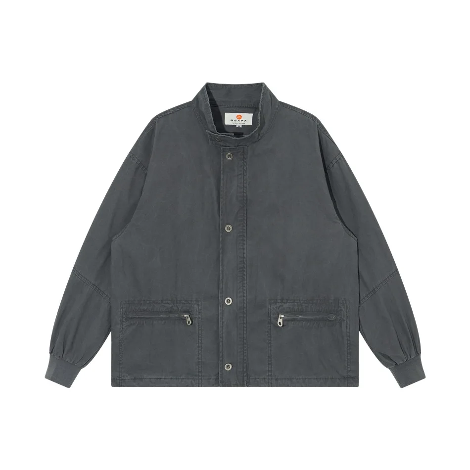 Autumn Stand Collar Tool Coat Men Japan Streetwear Fashion Loose Casual Vintage Cotton Cargo Jacket Cityboy Coat Outerwear