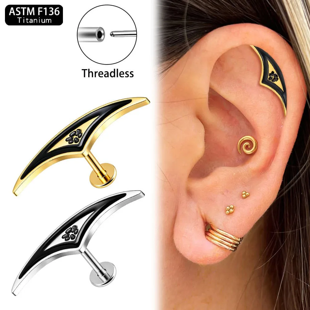 Giga 1Pcs ASTM F136 Titanium Gothic Elf Wing Helix Stud Cartilage Threadless Push In Flat Back Earrings Piercing Jewelry Punk