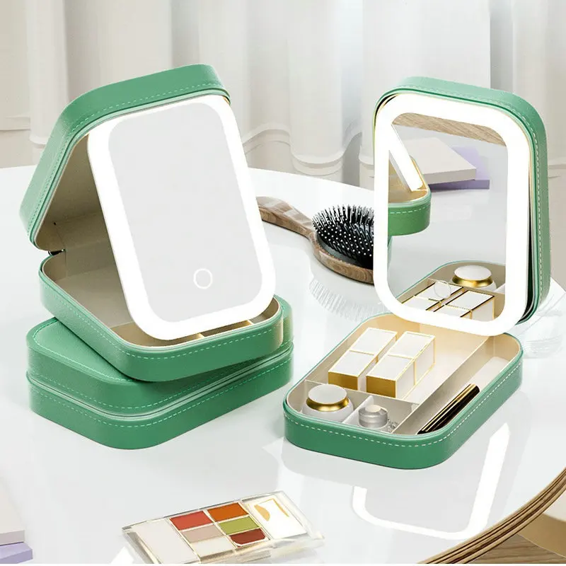 Mini organizer per trucco con specchio a LED Specchio per trucco ricaricabile tramite USB con custodia per gioielli leggera Borsa per trucco portatile