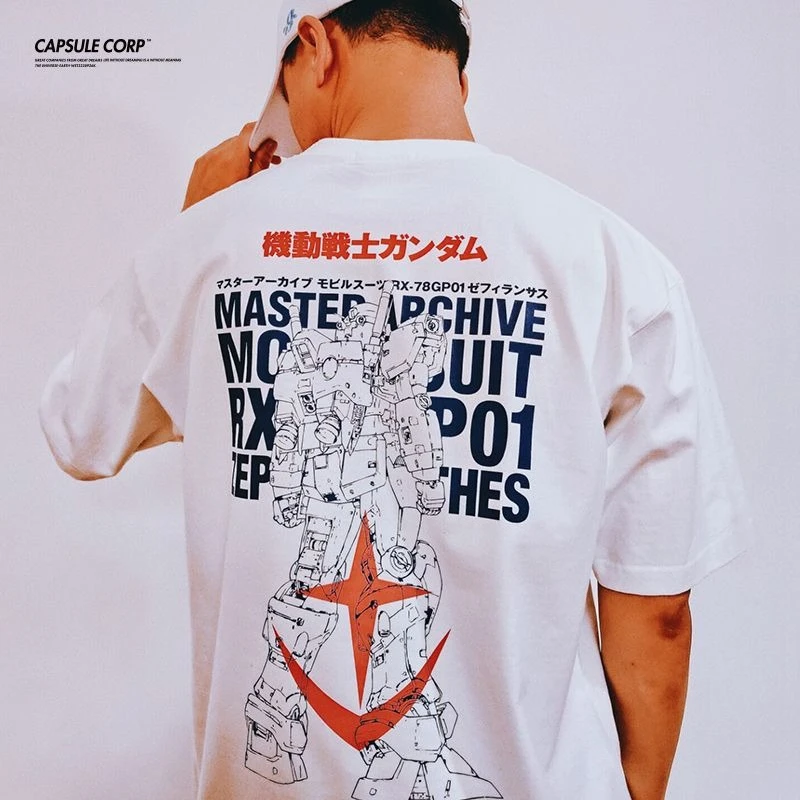 

Vintge A Famous Japanese Anime Gundam T-shirt Is A Summer Blockbuster Short-sleeved Men's Anime Off-the-shoulder All-cotton
