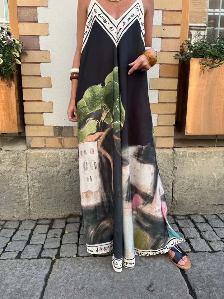 Casual Boho Printed Dress For Women Loose V-neck Suspender A-line Big Hem Long Dress Summer Fashion Vacation Style Dresses