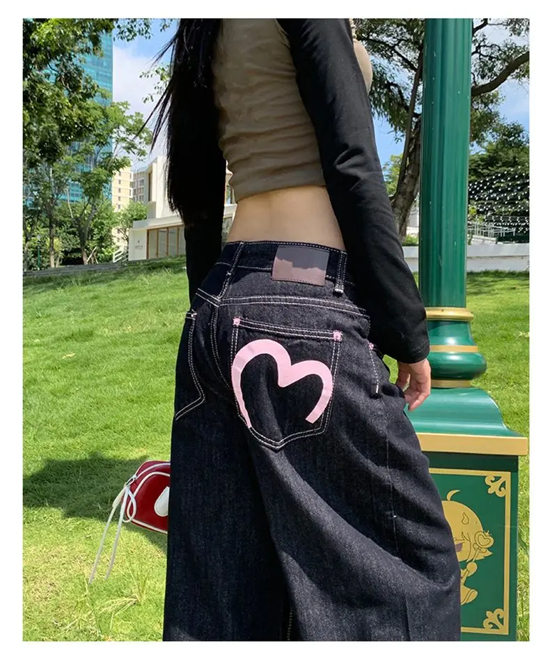 Women's Pink Heart Print Denim Straight Leg Jeans Loose Casual Floor-Length Long Pants Ladies Loose Fit Original Style