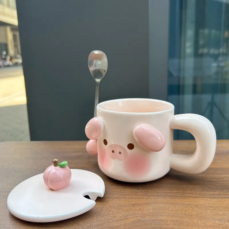 

A92P Coffee Cup Set With Spoon Cartoon Pig Mug Gift 3D Water Cups Lovers Milk Large Capacity Home Mugs Breakfast