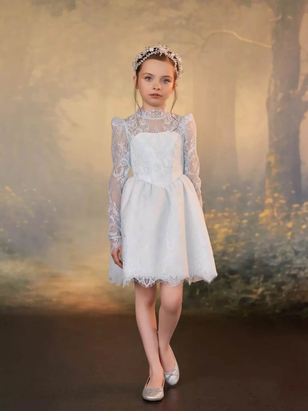 2 in 1 Girls Lace Dresses For Stage Performance Elegant High Collar Long Sleeve Kids Princess Gown Communion Dress 2-14Y