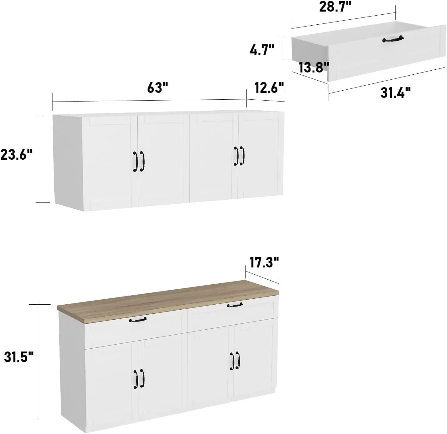 Despensa de cocina montada en la pared, gabinete de almacenamiento de cocina con encimera, gabinete de despensa con cajones y puertas, gabinete de pared para cocina