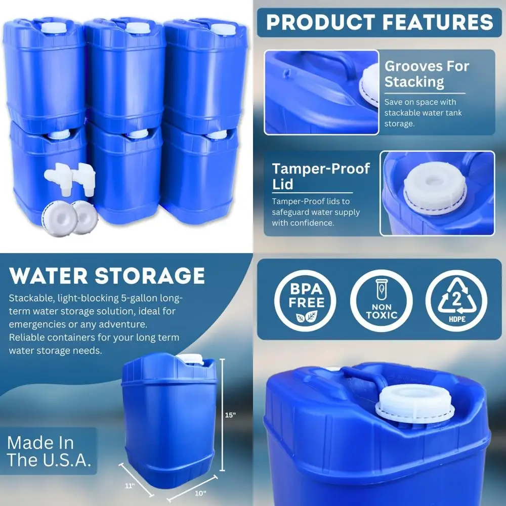 Contenedores de agua apilables de 5 galones con tapas y espiga para suministro de almacenamiento de emergencia