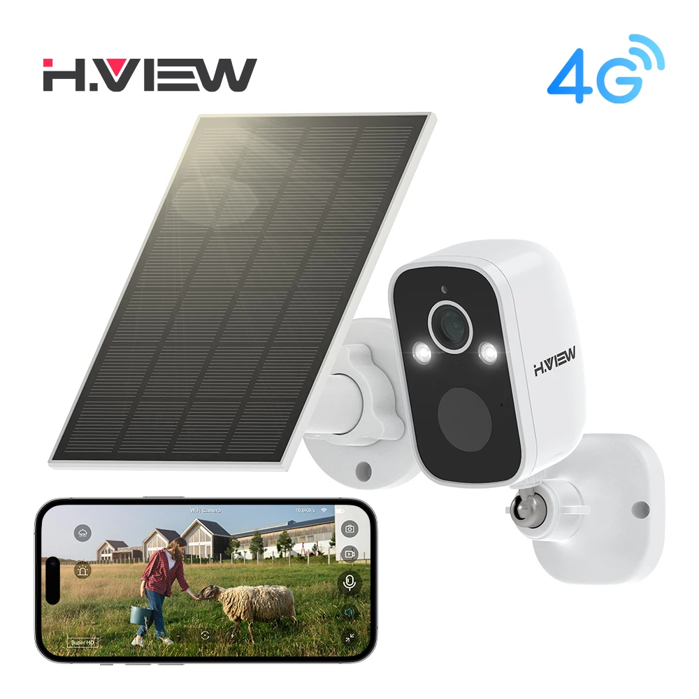 Caméra de sécurité H.view 4G 3MP solaire avec batterie 5200mAh, détection humaine PIR, surveillance extérieure, audio intégré et e-SIM