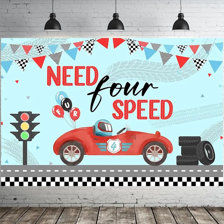 

Race Car 4th Birthday Party Backdrop Need Four Speed Banner Vintage Photography Background Photo Party Supplies for 4th Boys