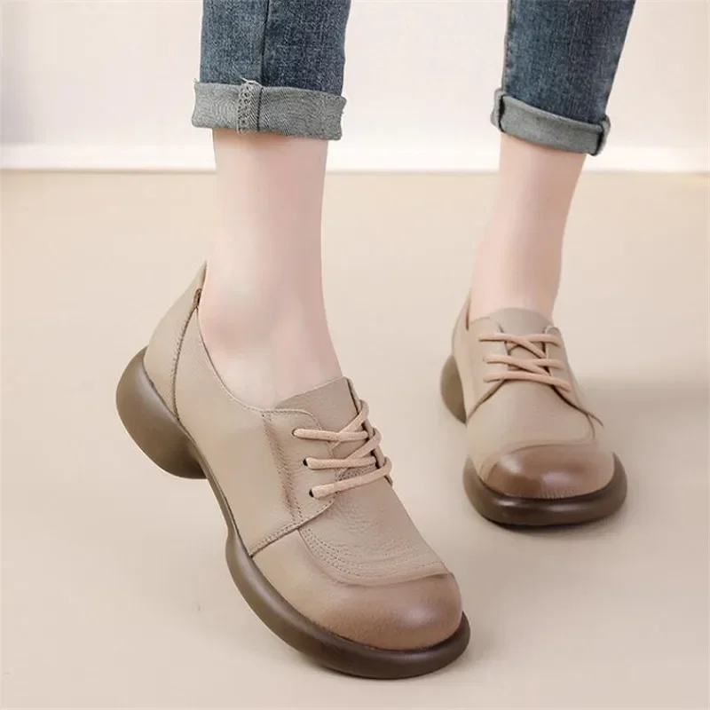 Mocassins rétro en cuir de vachette véritable pour femmes, chaussures plates simples, chaussures spinales, talon moyen, semelle optique, mode printemps et automne