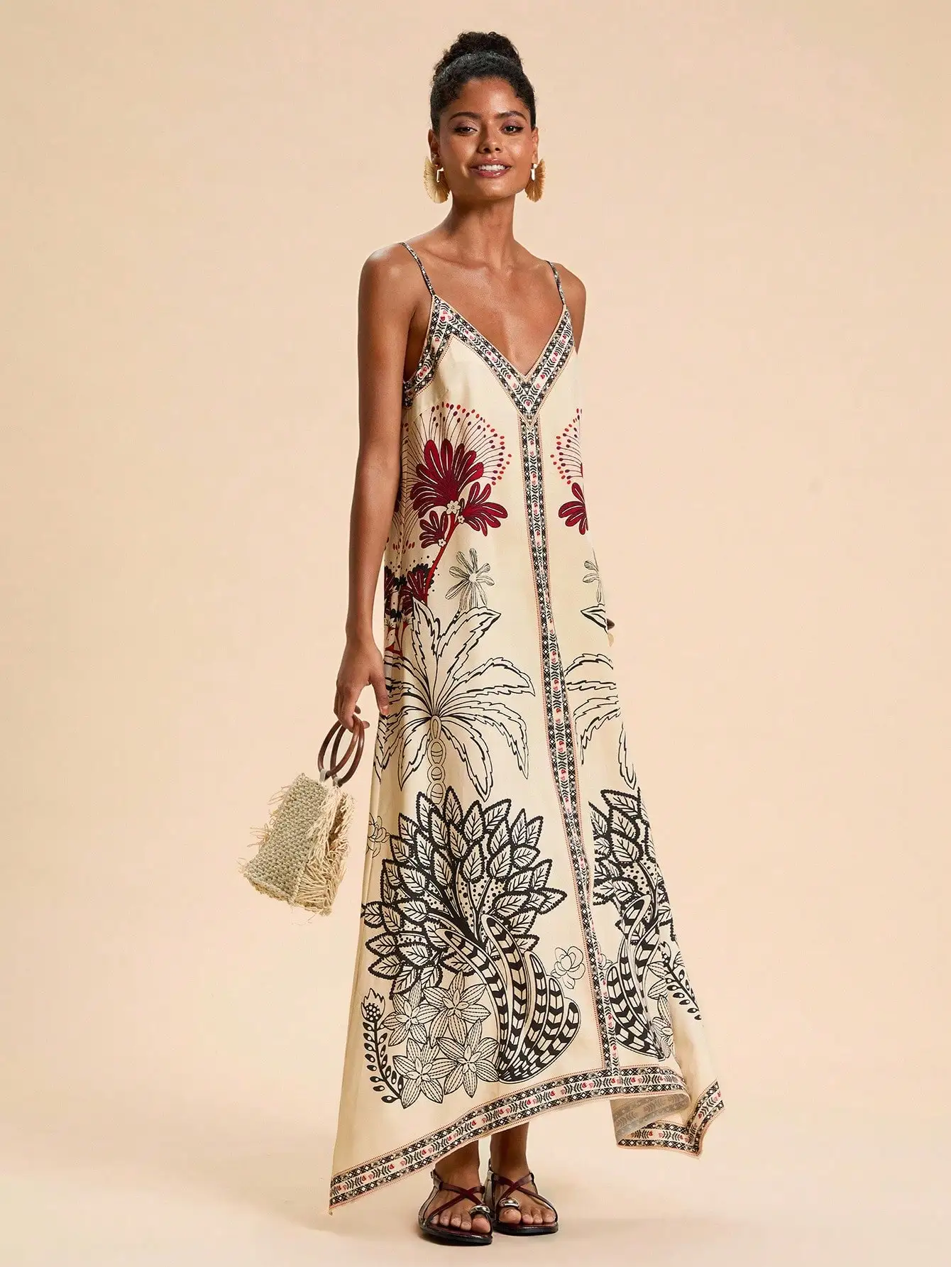 Boho bloemenprint spaghettibandjes jurk met V-hals voor strandvakantie en zomeroutfits